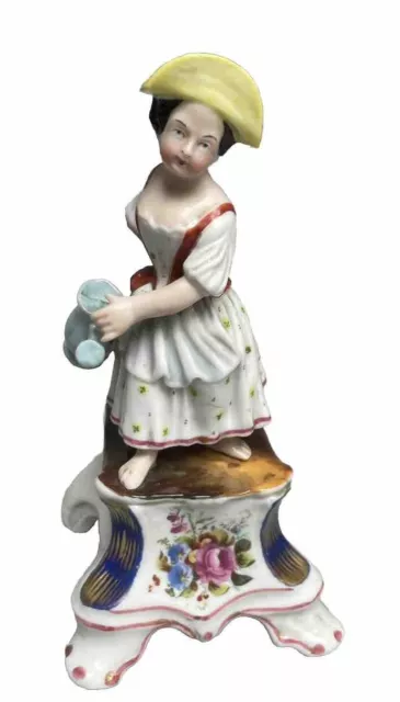 Porte-plume XIX è porcelaine polychrome socle Fleuri  Jeune Fille à l'Arrosoir