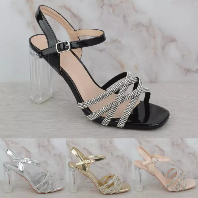 Damen Damen Knöchelriemen Hoch Durchsichtig Blockabsatz Riemen Diamant Sandalen Schuhe