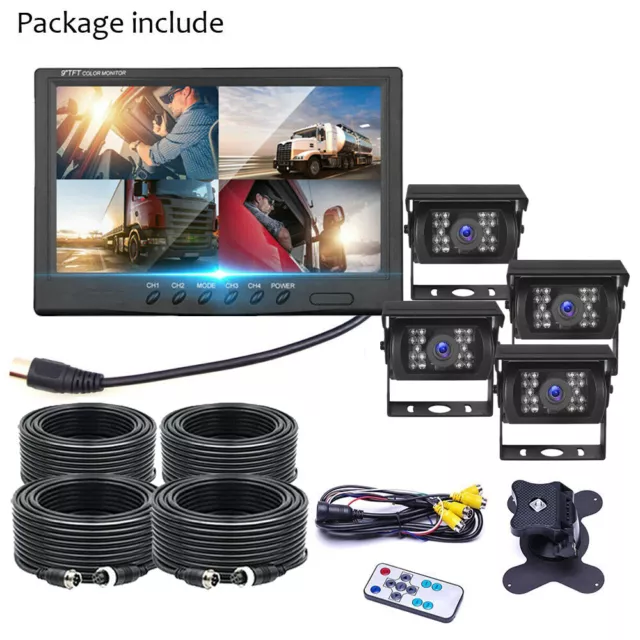 9" Quad Split Screen Monitor 4x Backup Rear View CCD Camera System For Truck RV