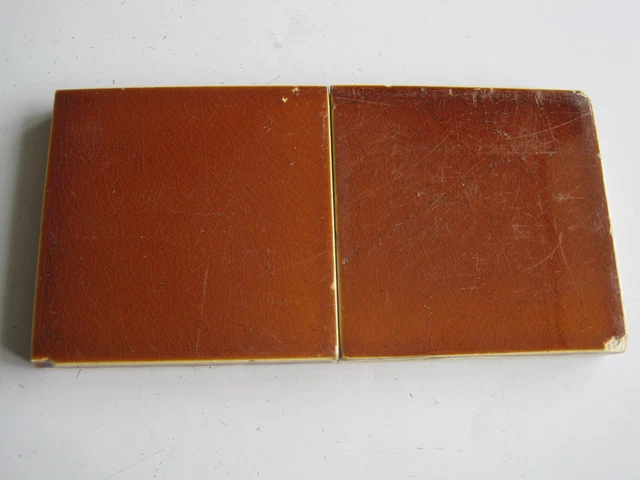 Pair Antique Victorian 3" Square Tiles - Brown Majolica Glazed