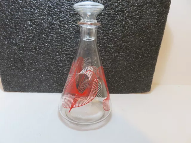 Vintage mid century modern glass decanter with red and white design