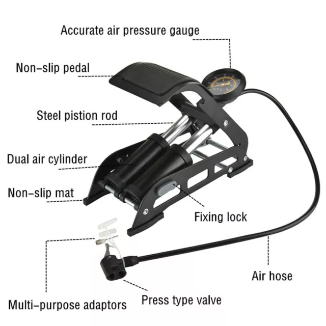 Portable Double Cylinder Foot Pump Air Inflator For Car Van Bike Tyre 160PSI UK