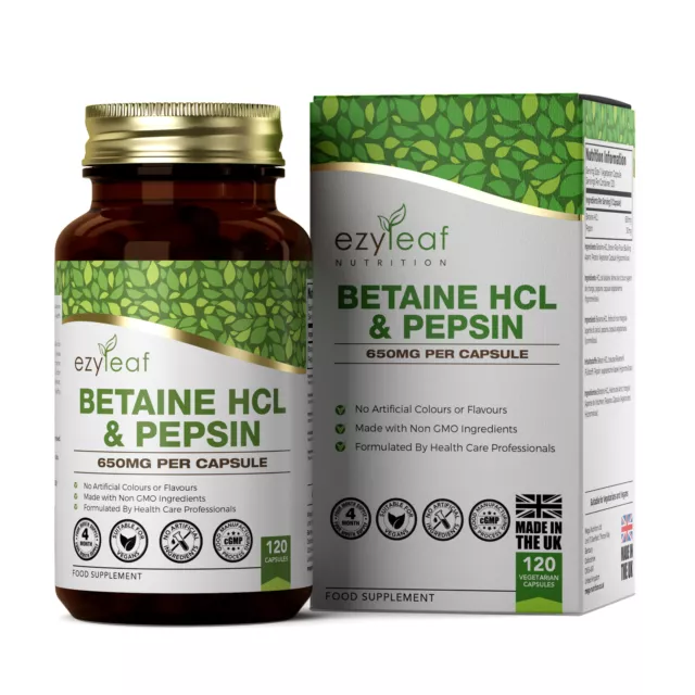 Betaine HCL with Pepsin 650mg 120 Veg Caps Stomach Acid Indigestion Heartburn