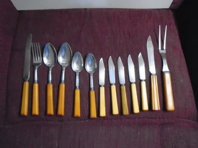 13 Piece Butterscotch Bakelite Stainless Flatware by Hull co.  Sta-Brite 1940's