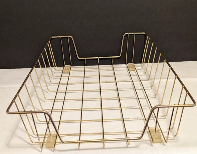 Office Desktop Letter Wire In-Out Basket Paper Memo Tray Gold Tone Metal