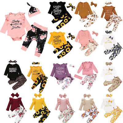 3PC Toddler Baby Kids Girls Long Sleeve Romper Bodysuit Top+Floral Pants Outfits