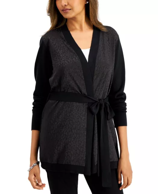 MSRP $70 Jm Collection Printed Belted Cardigan Black Size Medium