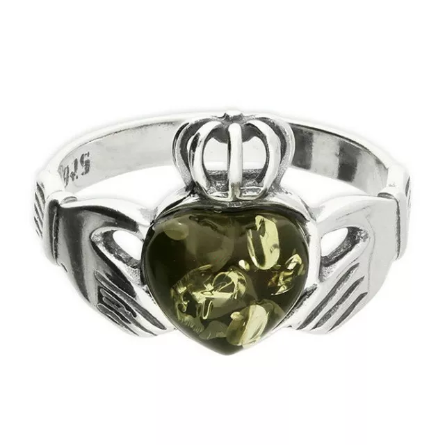 Green Amber Claddagh Ring Solid Sterling Silver 925 Hallmark Size L - R