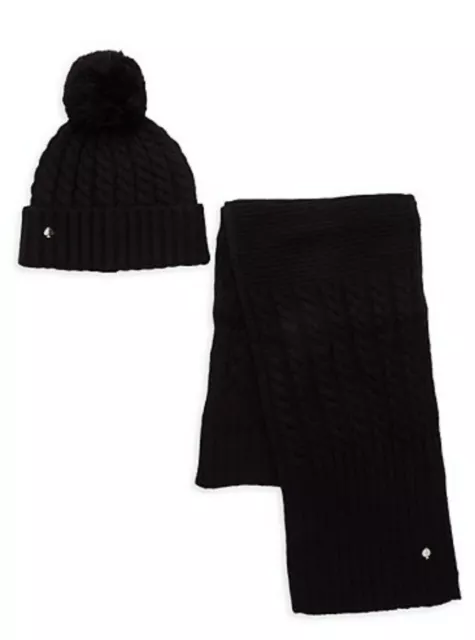 Kate Spade Cable-Knit Beanie Hat & Scarf Set, Black, NWT