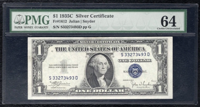 Fr. 1612 1935-C $1 One Dollar Silver Certificate Pmg Uncirculated-64 (B)