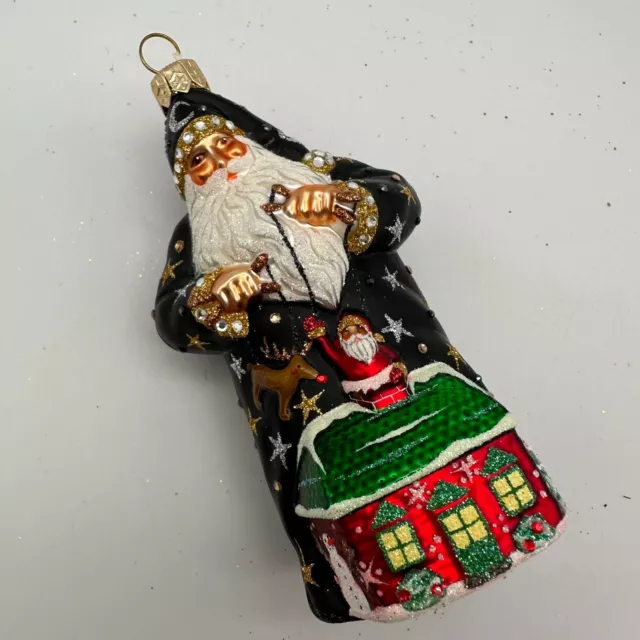 2003 Patricia Breen Marionette Santa 4.92 " Black Ornament Stars Gold Silver