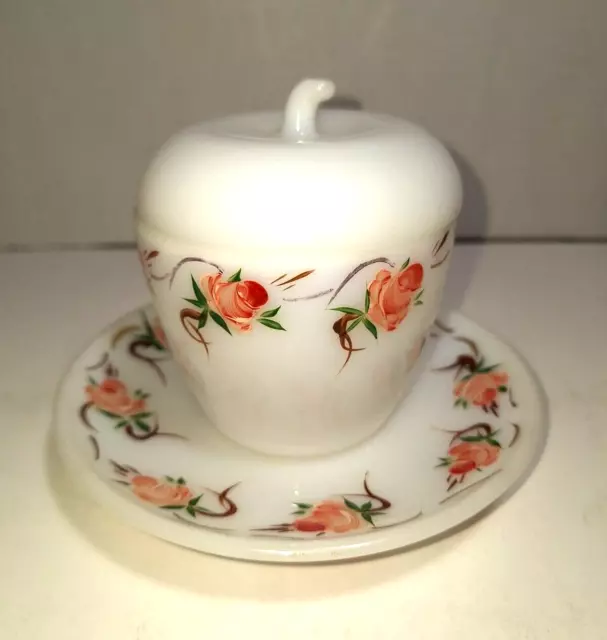 Hazel Atlas hand painted White Milk Glass Apple Shaped Jam Jelly Jar with Saucer