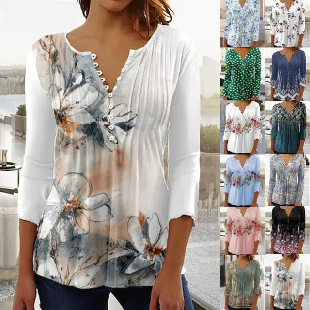 Womens Holiday Blouse Button Casual Tunic Floral Tops Pullover Shirt Plus Size