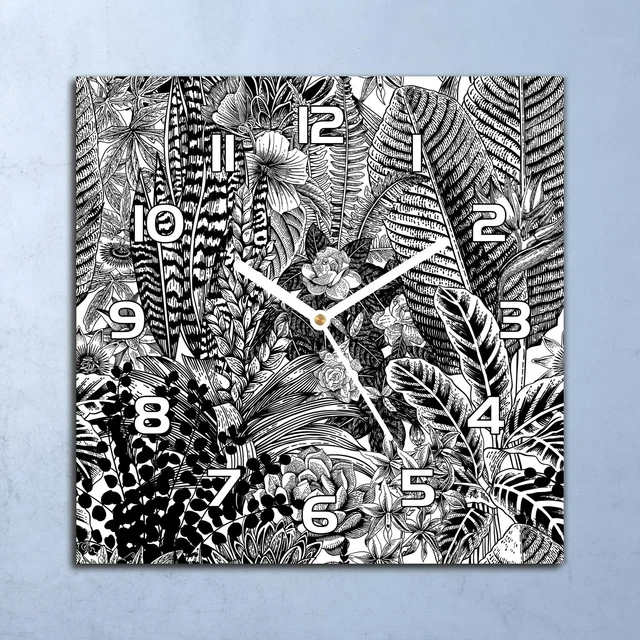 Horloge Murale En Verre Carrée 30x30 Cm Motif Feuilles Tropicales - Mouvement Quartz