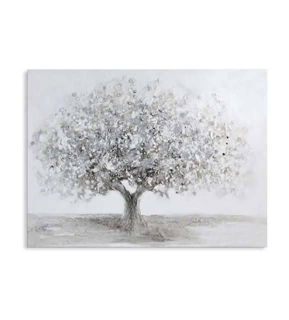 31978 Cuadro Al Óleo Big Tree Blanco Gris Plata Con Acrylstruktur Árbol Aluminio