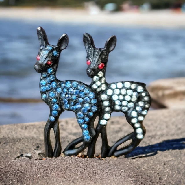 Vtg 60s Signed Capri Pair Black Deer  Brooch Pin Pave Blue Clear Rhinestone 1.5"