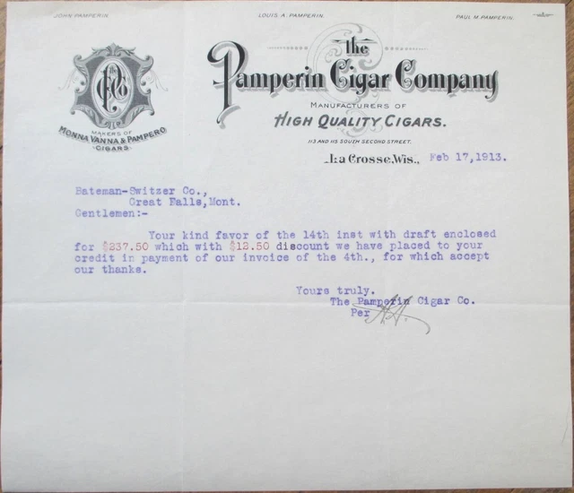PAMPERIN CIGAR COMPANY, La Crosse, WI 1913 Letterhead, Wisconsin Wis