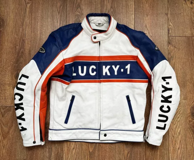 Lucky-1 MDK Moto Racing Leather Men's Jacket Size L White Blue Orange