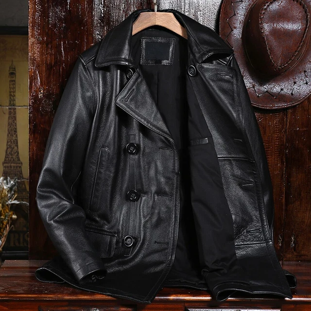 Winter Warm Trench Coat Real Leather Windbreaker Double Breasted Jacket Outwear