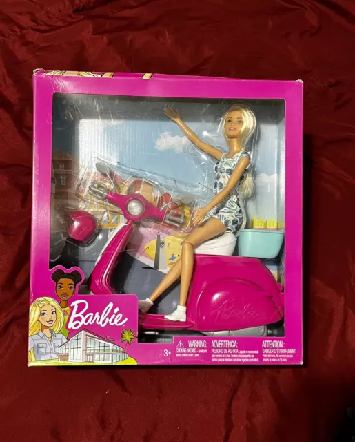 Mattel Barbie With Pink & White Scooter & Helmet, NEW