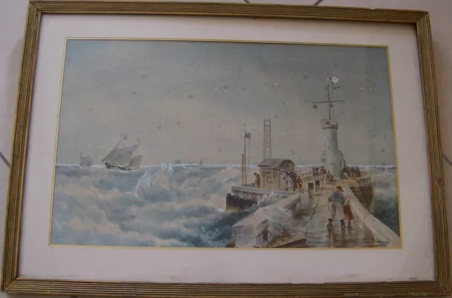 Superb early 20th century watercolor "onlookers on the port jetty in a storm"