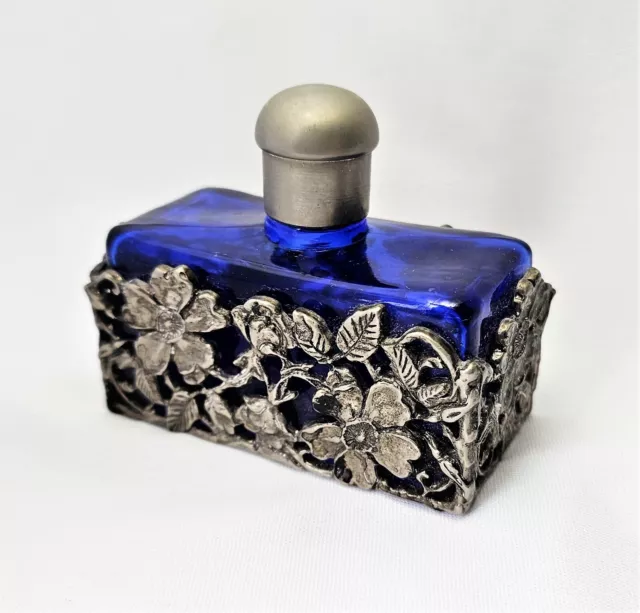 Cobalt Blue Glass Empty Perfume Bottle Silver Plated Flower Filigree Silvestri 3