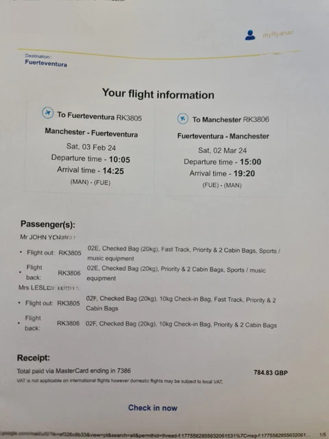 Flight Tickets Ryan Air x2 Manchester to Fuerteventura a month in the sun Feb24 Flight Tickets Ryan Air x2 Manchester to Fuerteventura a month in the sun Feb24