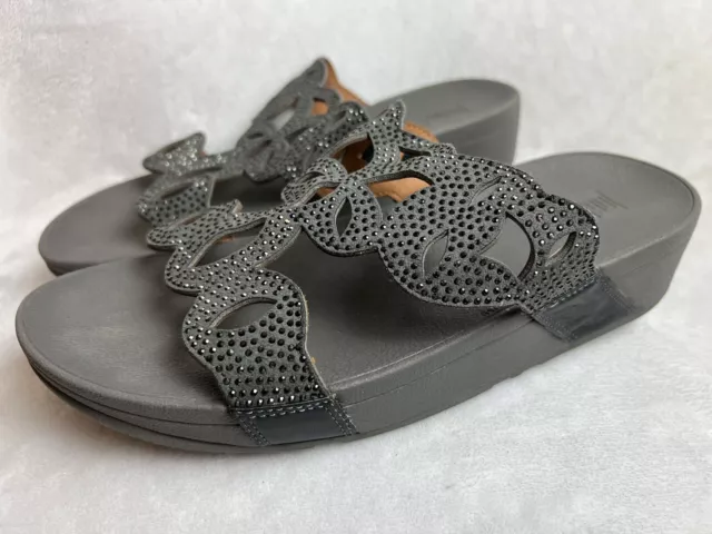 FitFlop Womens Sandals Size 9 (41) Slides Gray Leather Studs Slip On Shoes Great