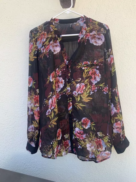 KUT From The Kloth Black Floral Semi Sheer Blouse Button Front Shirt Top Size XL