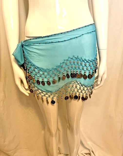 Turquoise Chiffon Belly Dance Hip Scarf Wrap Belt Silver Coins Costume Hand Croc