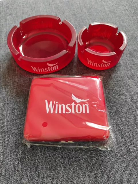 WINSTON  2x Aschenbecher * Glas rund rot groß und klein * 1 Zigarettenetui * NEU