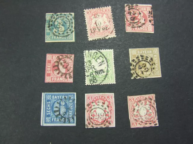 9 x Briefmarke Altdeutschland, Bayern Kreuzer gestempelt