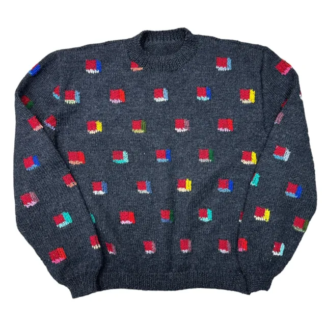 Vintage Hand Knit Jumper Abstract Patterned Grey Multicoloured Sweater Womens XL