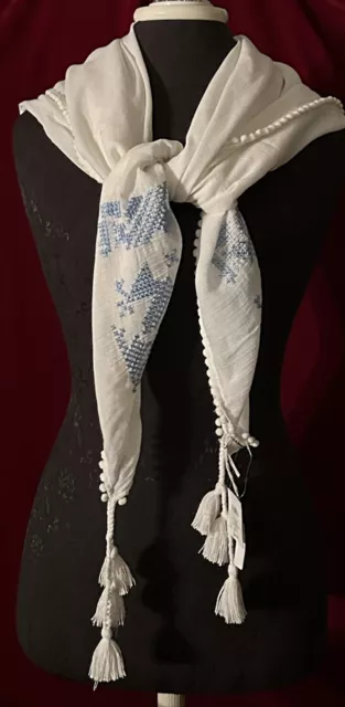 Club Monaco Scarf Large White, Blue Hand Embroidery Square Wrap Tassels