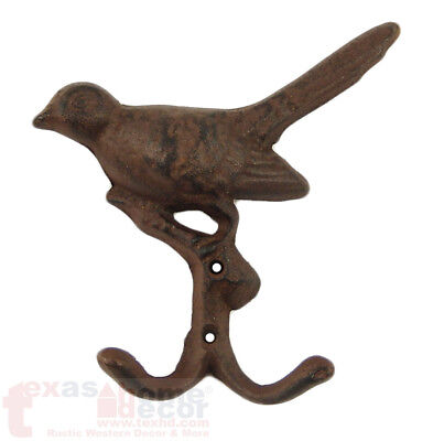 Bird Cast Iron Double Hook Hanger Antique Style Rustic Brown Keys Coat Towel Cap