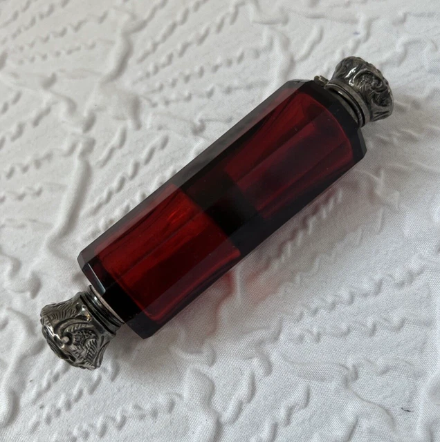 Antique Victorian Sterling Silver Embossed Ruby Red Glass Double Perfume Bottle