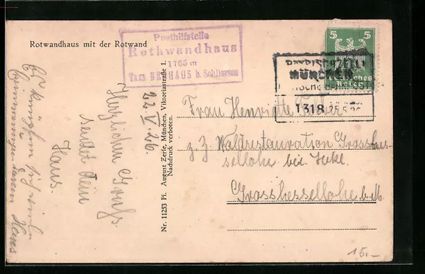 AK Landpoststempel Posthilfstelle Rothwandhaus Taxe Neuhaus b. Schliersee 1926