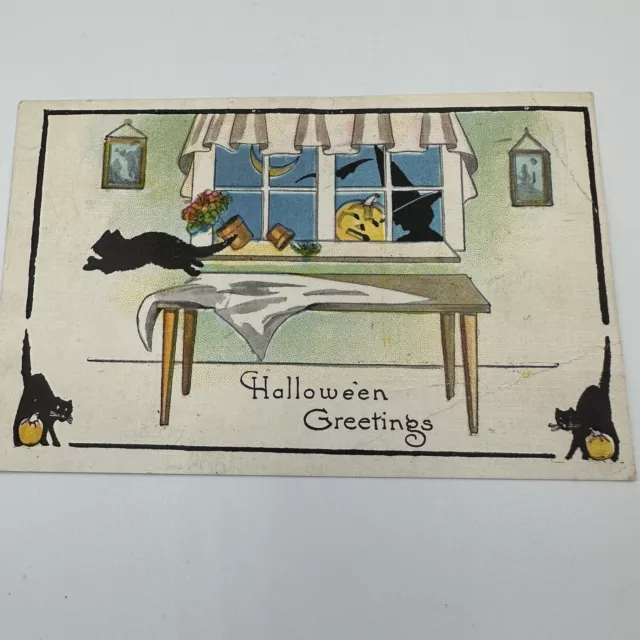Halloween Postcard Fantasy Black Cats Window Witch Crescent Moon Series 412