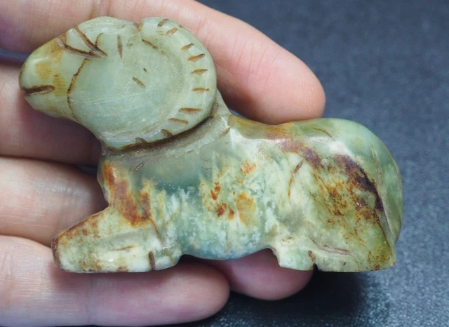 Vintage Old Original Carved Green Burmese Jade Long Horn Ram  bead pendant