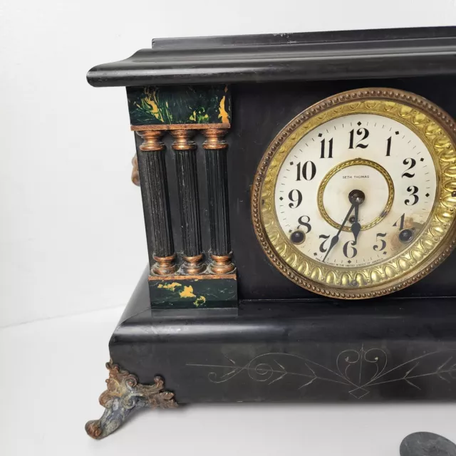 Antique Seth Thomas Adamantine Mantle Clock 6 Pillar Faux Marble Untested No Key 2