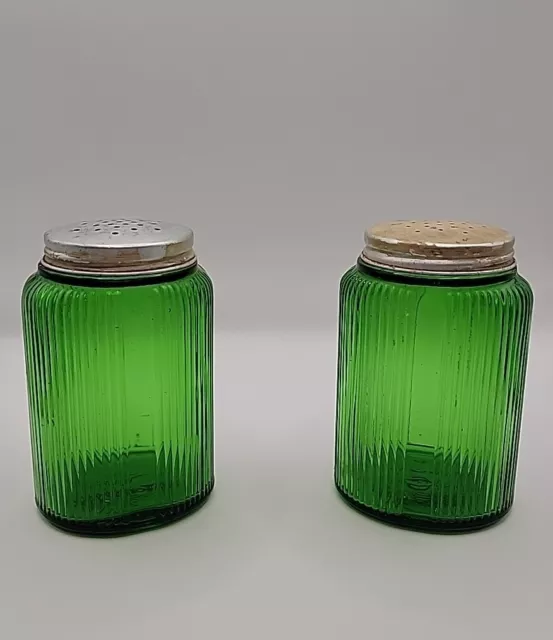 Owens Illinois Ribbed Green Glass Hoosier Salt And Pepper Shakers
