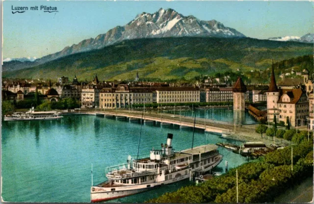 Vintage Luzern mit Pilatus Postcard switzerland ferry ship mountain