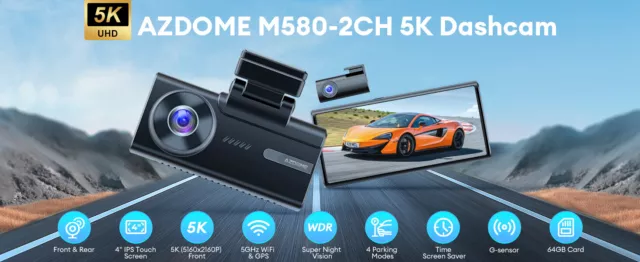 AZDOME 5K Car Dash Cam 4K+1080P 64GB Card 5GHz WiFi GPS Parking Mode Dual Camera 2