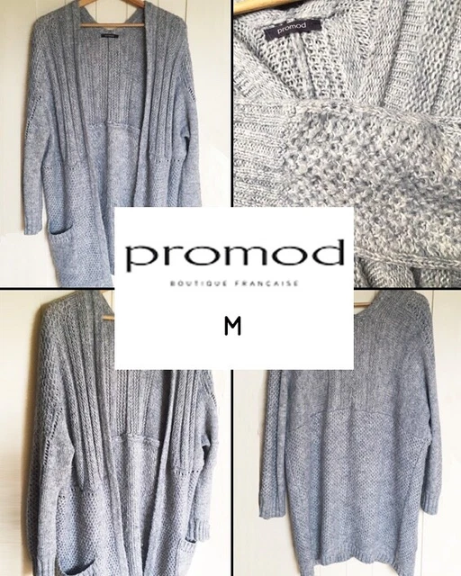Gilet Long Sans Manches Vintage Scarlet Roos – Gris, Maille Torsadée, 30% Laine, Taille 38/40