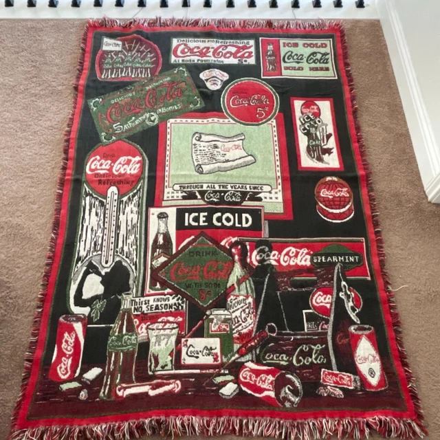 VTG Coca Cola Advertisement Afghan Throw Blanket Tapestry With Fringes 50x68"