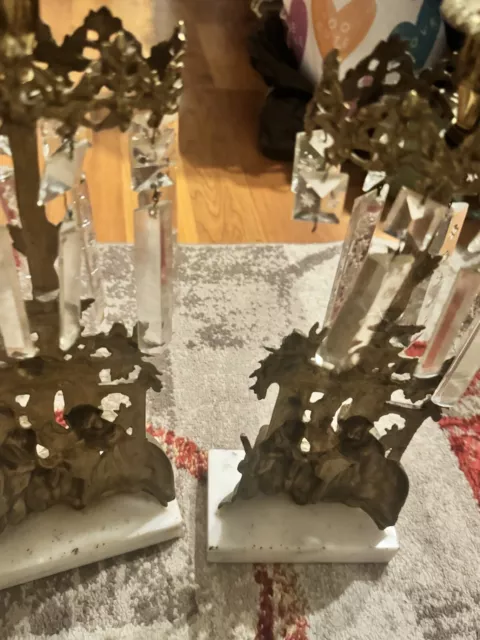 Set Antique Figural Victorian Girandole Candlesticks Marble Brass Crystal Prisms
