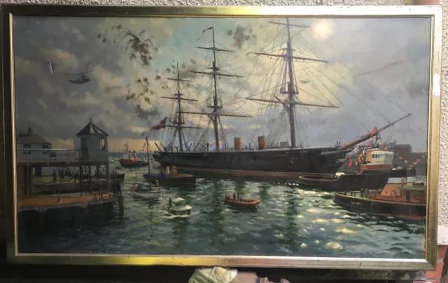 PORTSMOUTH WELCOMES HMS WARRIER 16JUNE 1987 OIL ON CANVAS Cmdr. ANDERSON 48X30in