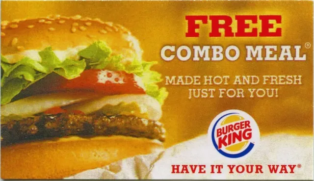 20 Burger King Combo Meal Cards, Value of $140-200, No expiration