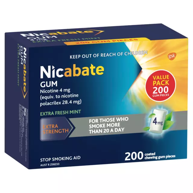 Nicabate Extra Fresh Extra Strength Mint Gum 4 mg Quit Smoking, 200 pieces