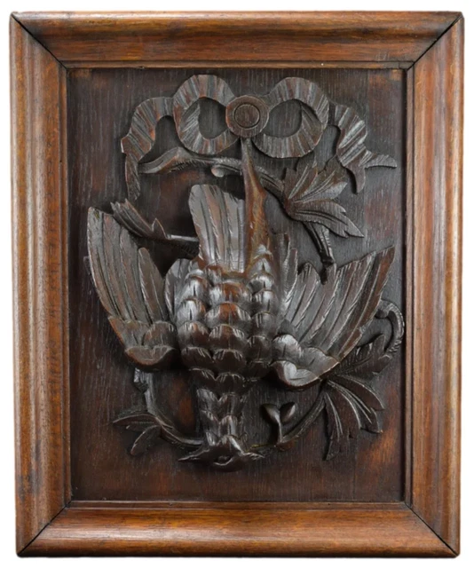 Antique French Black Forest Carved Wood Hunting Trophy Wall Panel Bird Plaque